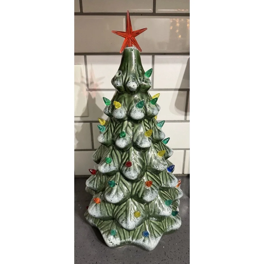 Ceramic Christmas Tree Green With Multi Colored Bulbs Handcrafted Vintage